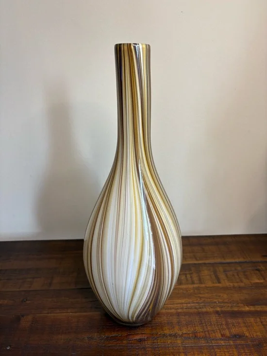 Murano-Style Art Glass Vase Brown And Beige Stripe - Picture 1 of 7